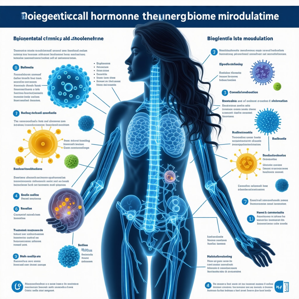 Infographic showing bioidentical hormone therapy combined with epigenetic and microbiome modulation pathways and lifestyle influences