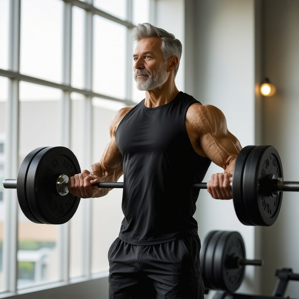 Middle-aged man lifting weights in gym representing testosterone boosting and energy restoration