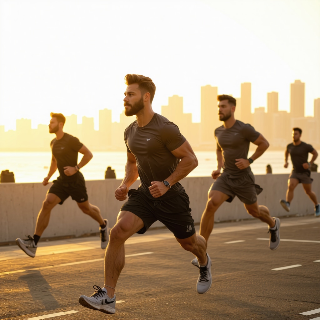 Men performing high-intensity interval training outdoors with San Diego coastline and sunrise in background, representing natural testosterone boosting lifestyle.