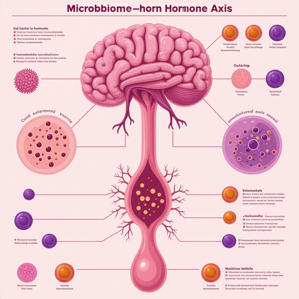 Infographic depicting gut microbiota impact on testosterone metabolism and environmental/genetic factors in hormone therapy