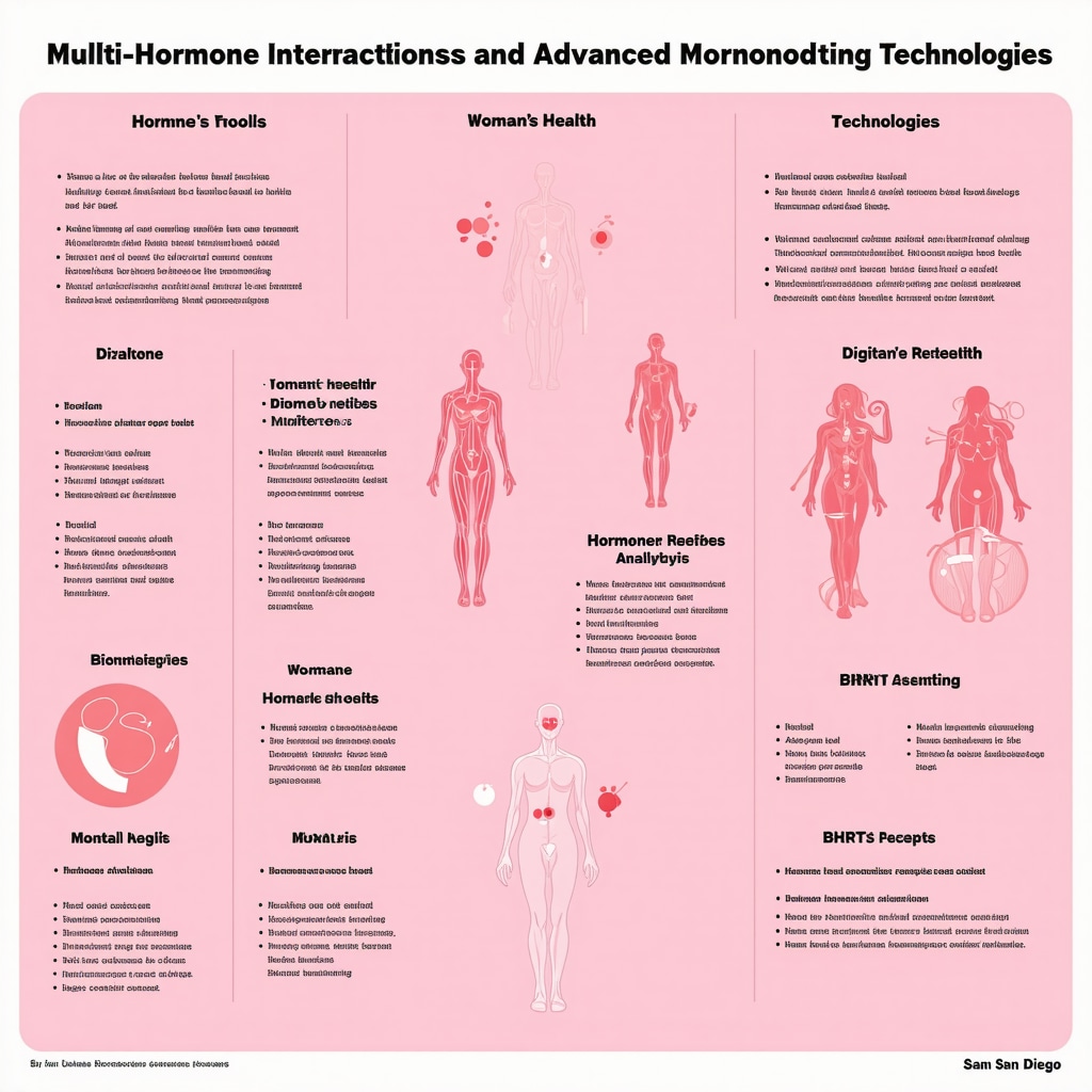 Infographic depicting hormone interactions, biomarker monitoring devices, and digital health integration for BHRT in women
