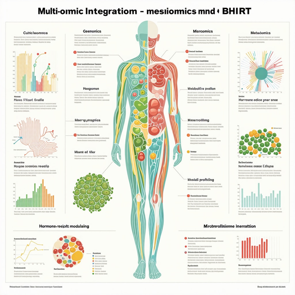 Infographic showing the integration of genomics, epigenomics, metabolomics, and microbiomics in personalized BHRT optimization