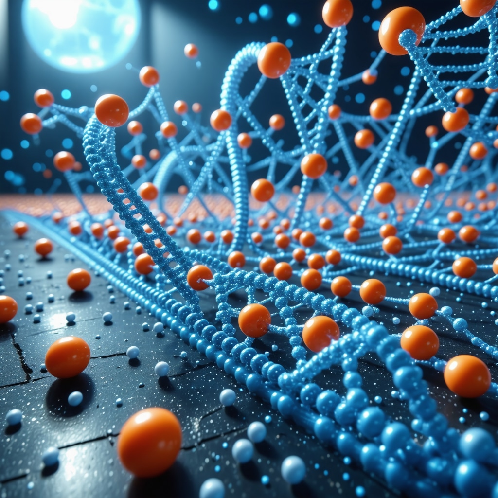 Illustration of nanotech-enhanced hormone pellets releasing hormones with DNA and biomarker graphics in clinic