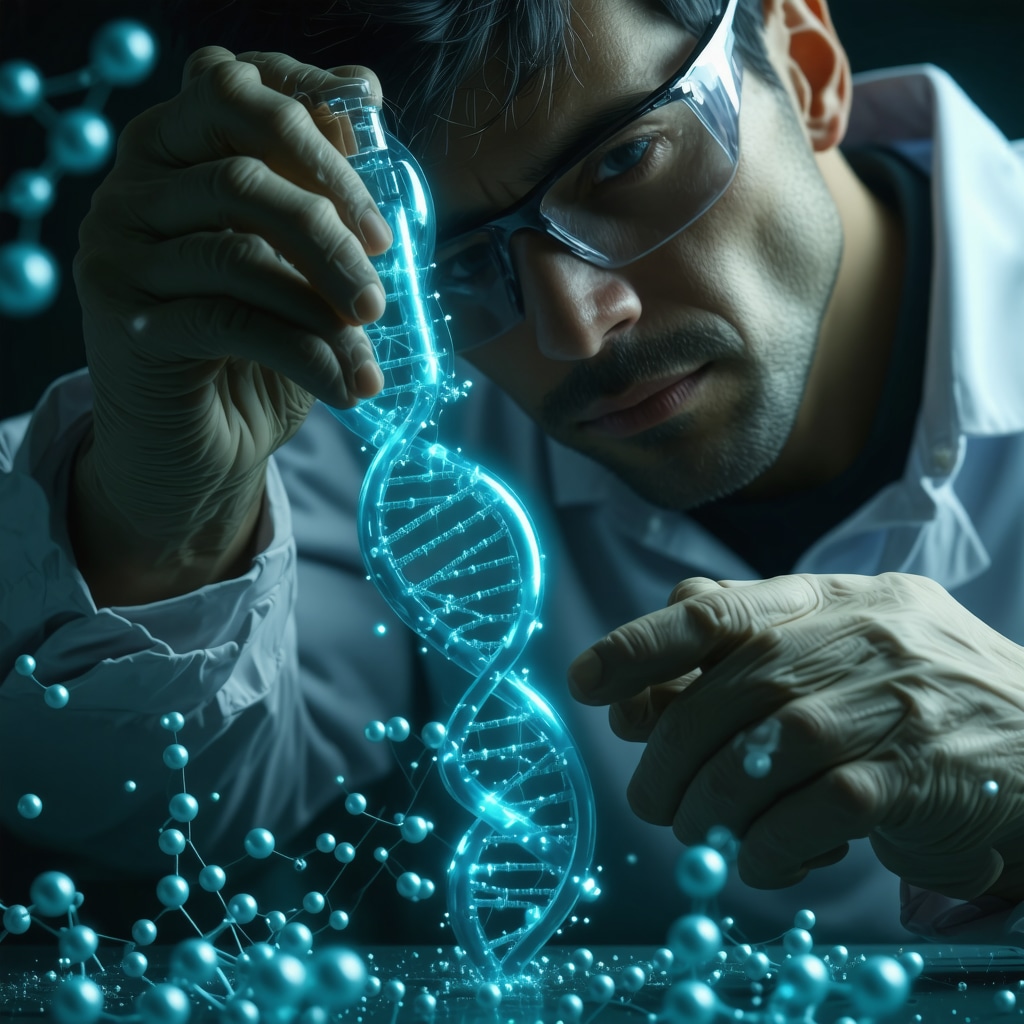 Illustration of nanotechnology hormone delivery and DNA helix representing genetic testing integration in BHRT