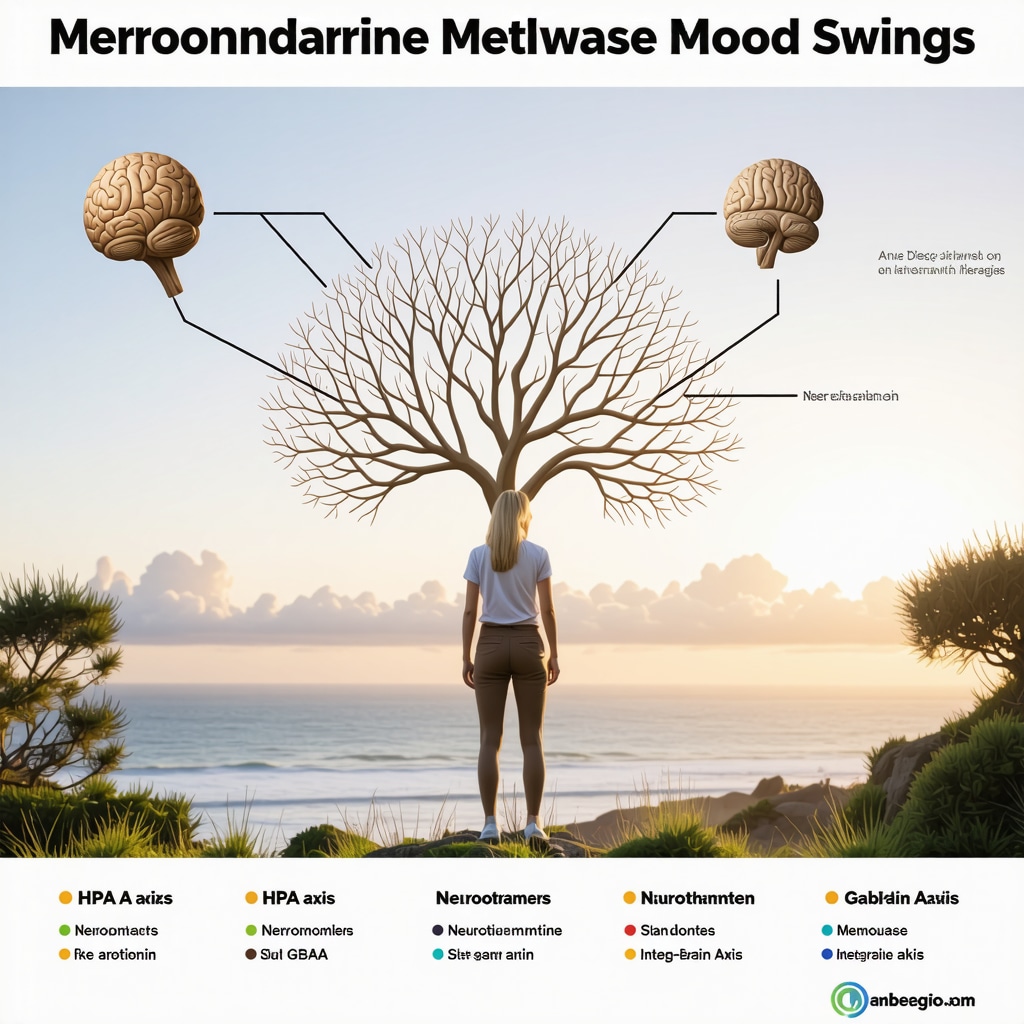 Infographic showing hormonal and neurotransmitter pathways affecting menopause mood swings with San Diego coastal imagery