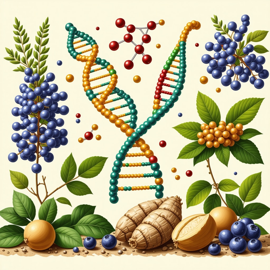 Illustration showing DNA strands, hormone molecules, and herbs representing precision herbal hormone therapy