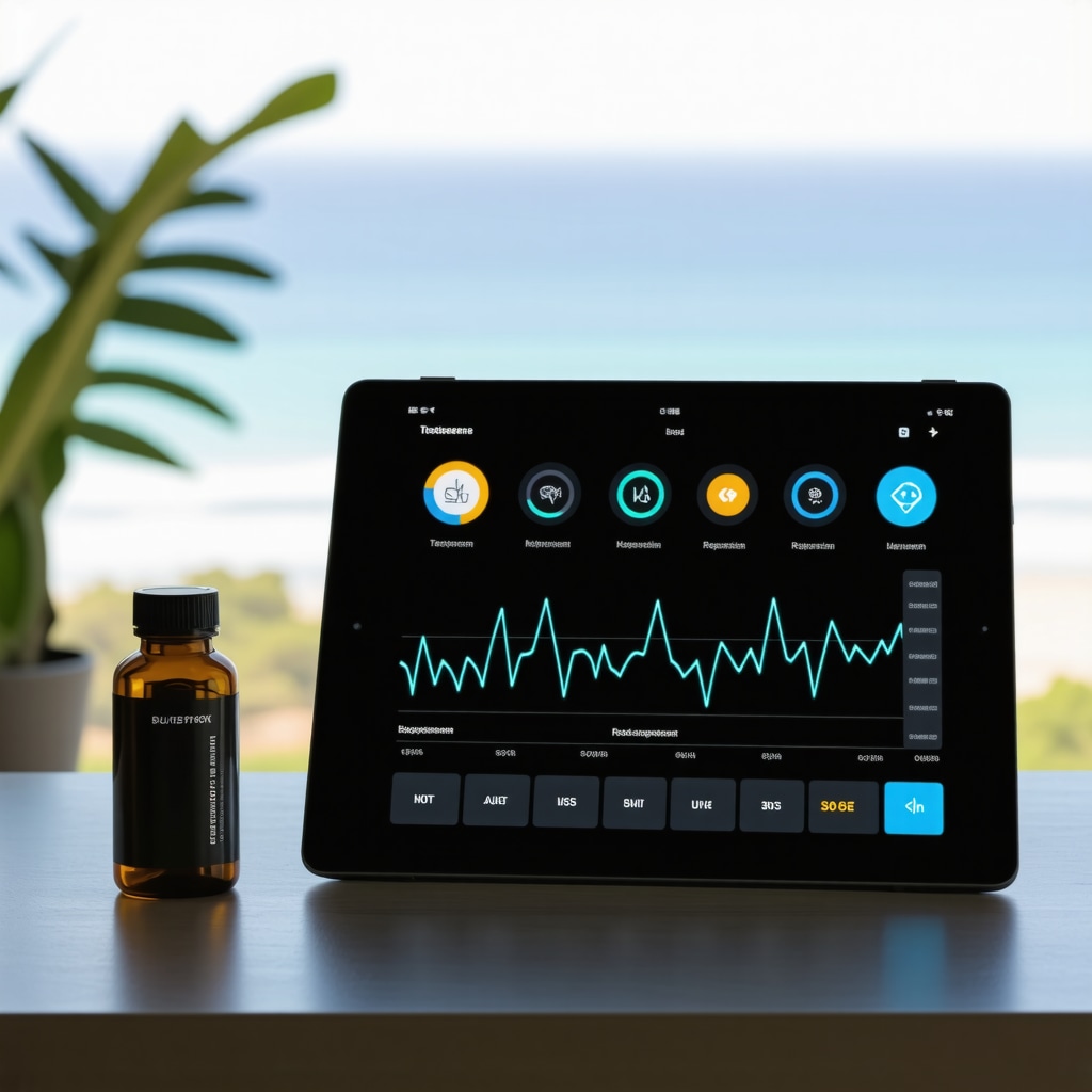 Digital interface displaying testosterone levels and circadian rhythm with San Diego coastal view