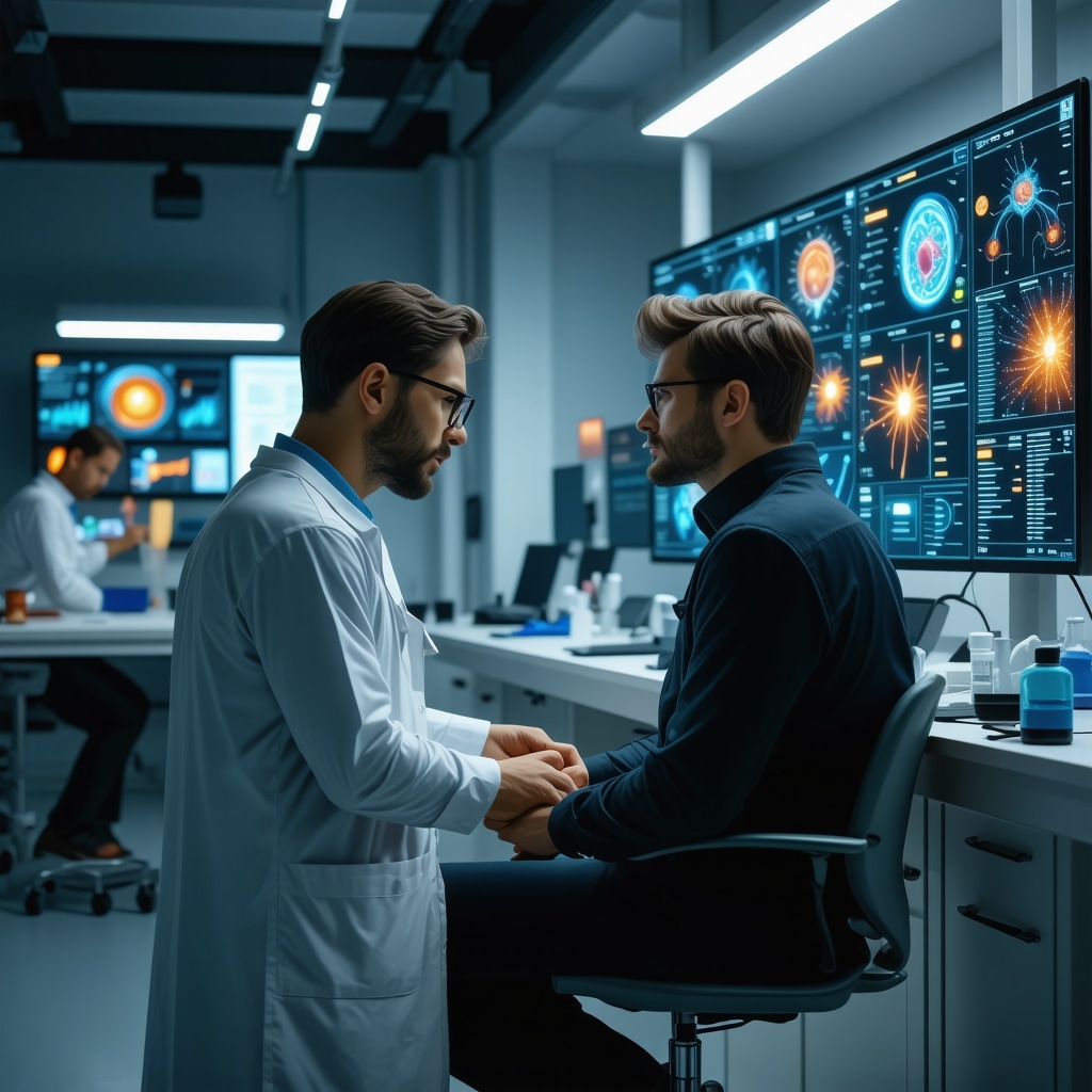 Male patient and doctor discussing hormone therapy with digital screens showing genetic and microbiome data