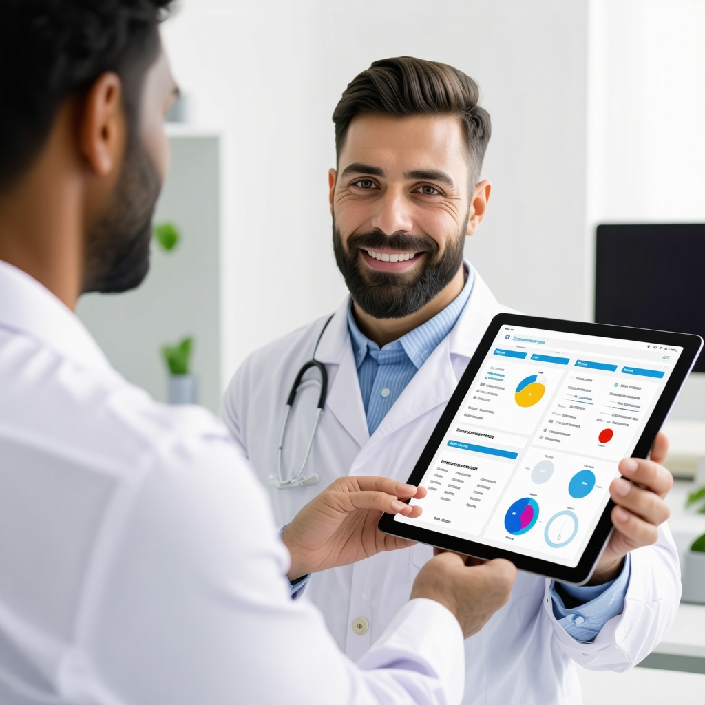 Male patient and endocrinologist reviewing hormone test results and digital health data for testosterone treatment