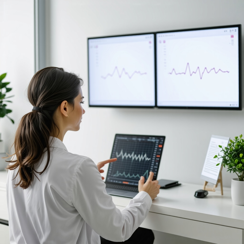 Female patient consulting endocrinologist with digital hormone biomarker and circadian rhythm data displays