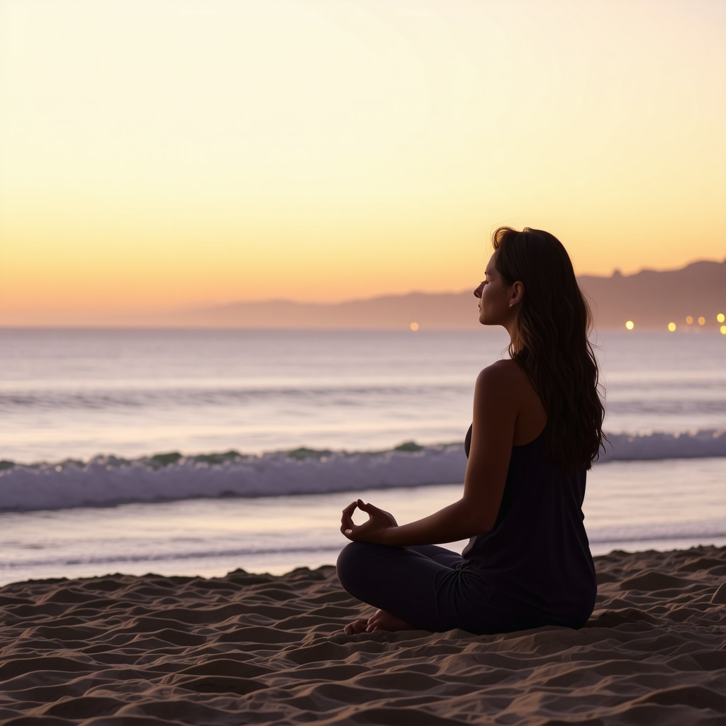 Woman meditating on San Diego beach at sunrise symbolizing natural mood regulation during menopause