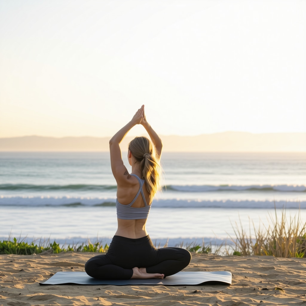 Woman practicing yoga at sunrise on San Diego coast, symbolizing natural menopause mood swing relief