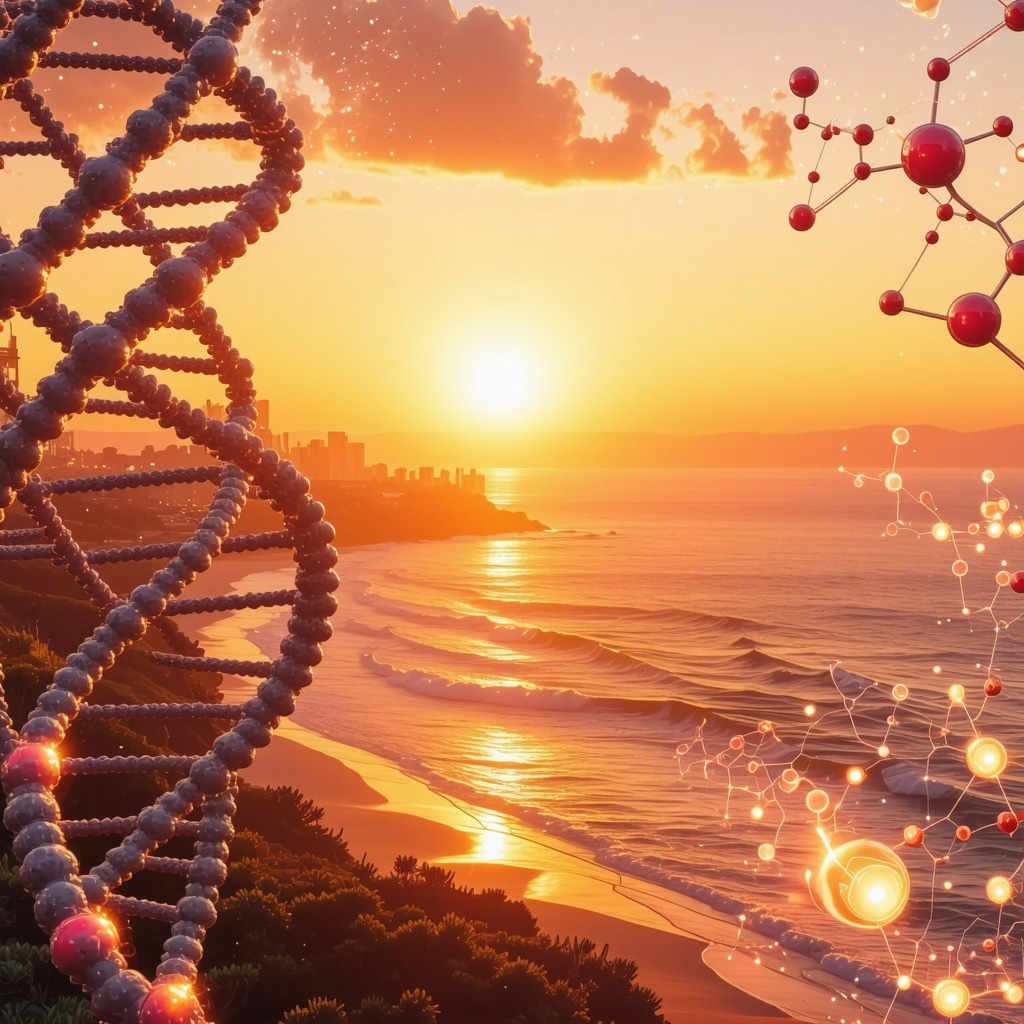 San Diego coastal sunset with graphical overlays of hormone molecules and DNA strands representing hormone balance and epigenetics