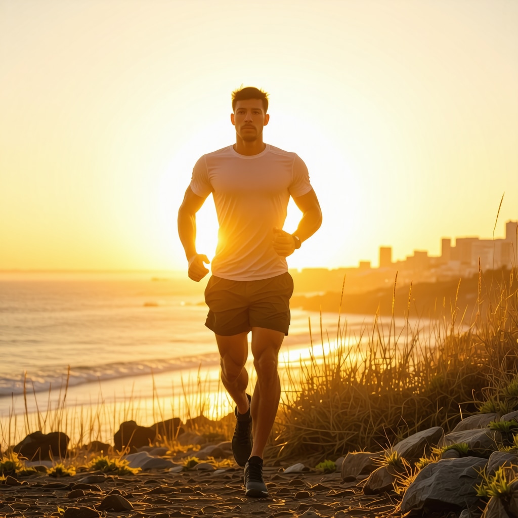 Man exercising outdoors at sunrise with hormone rhythm graphics and San Diego coastline