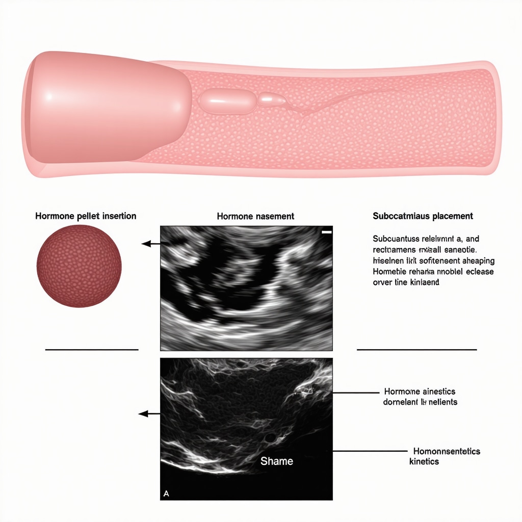 Infographic illustrating ultrasound-guided hormone pellet insertion and steady hormone release over time