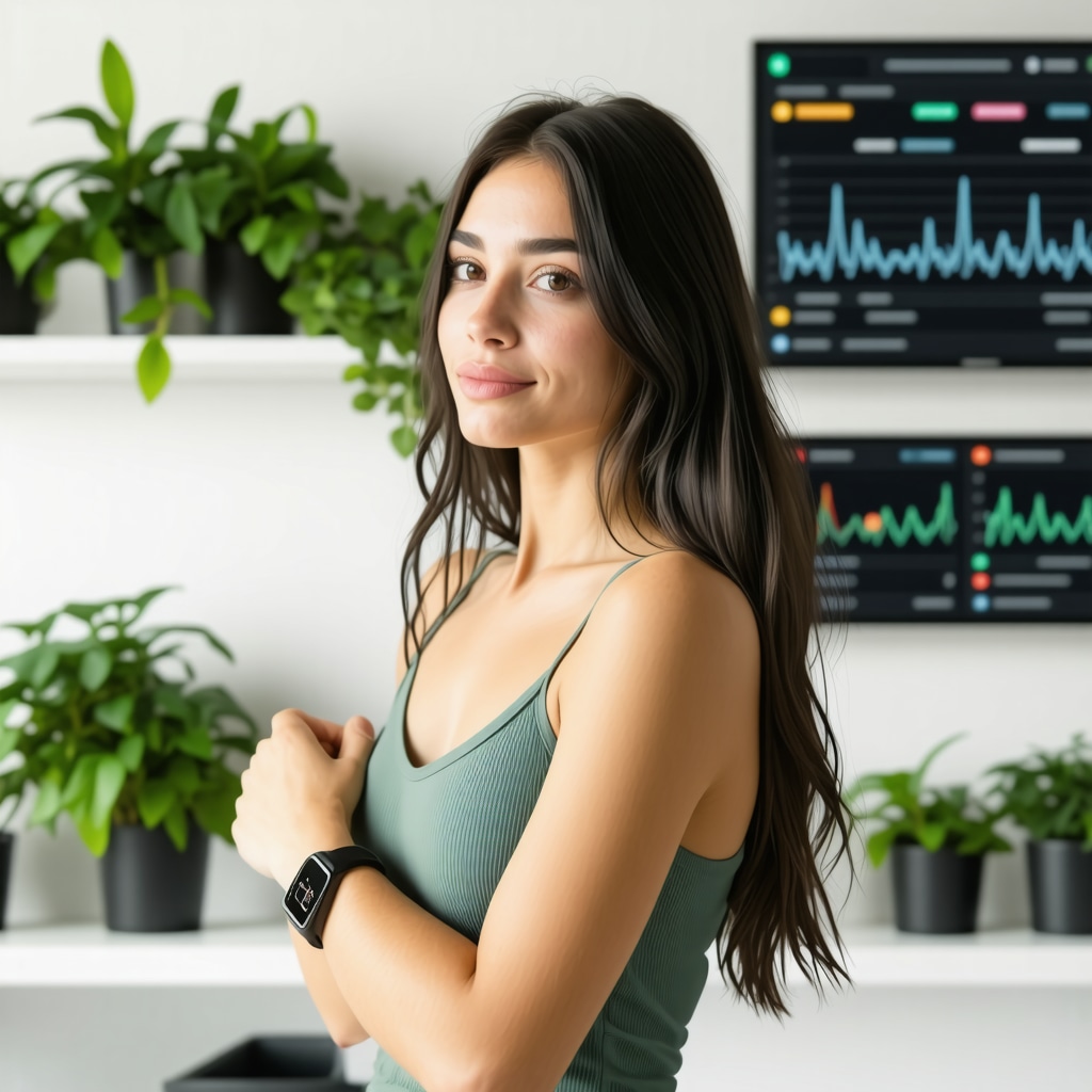 Woman in San Diego clinic wearing wearable biosensor with herbal plants and digital hormone monitoring