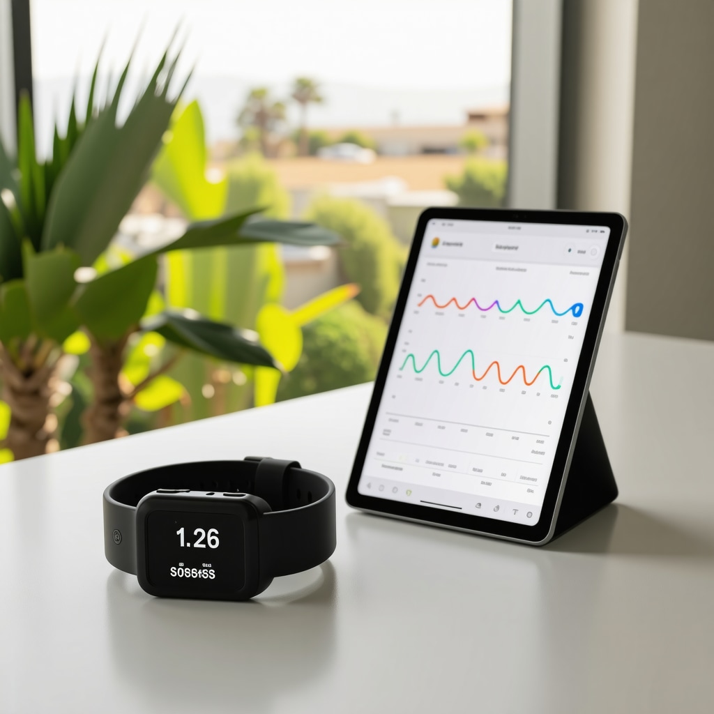 Wearable hormone biosensors and digital analytics displayed on tablet in a La Jolla clinic