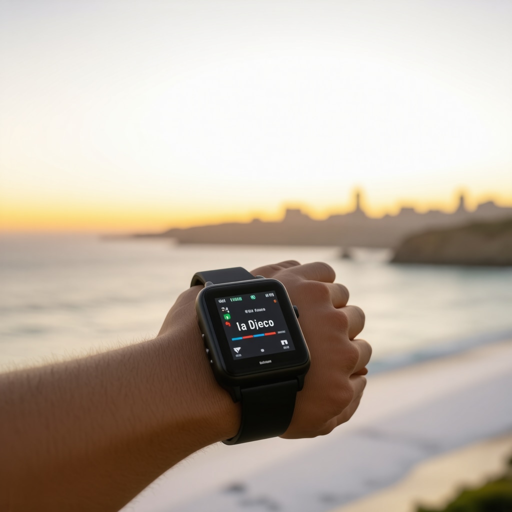 Close-up of a wearable hormone monitoring device on wrist with San Diego coastline sunrise in background