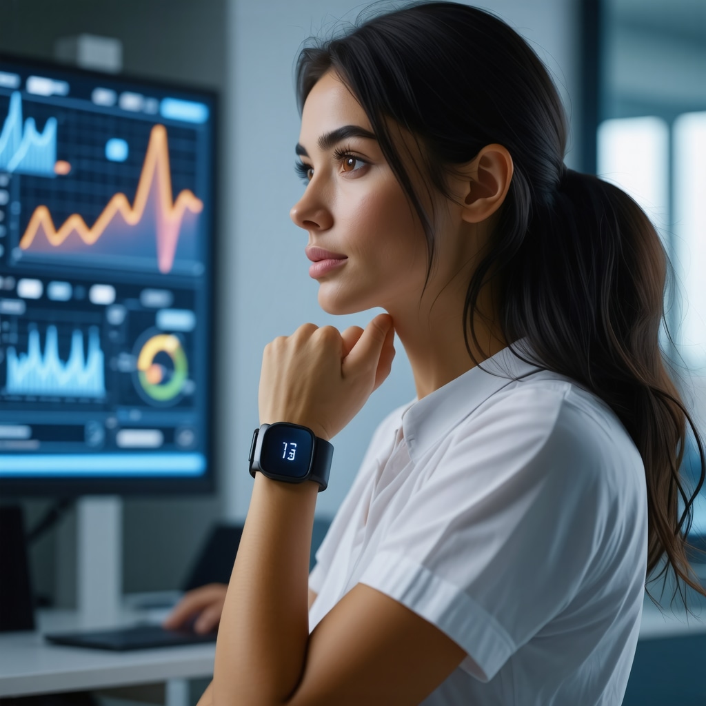 Woman wearing wearable biosensor with holographic hormone level and AI data visualization in medical setting