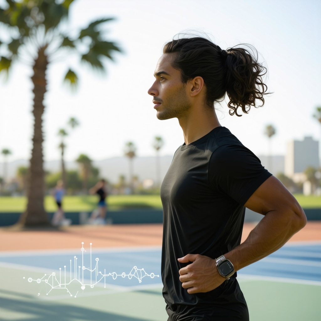Wearable biosensor device displaying real-time hormonal data during exercise with San Diego landscape