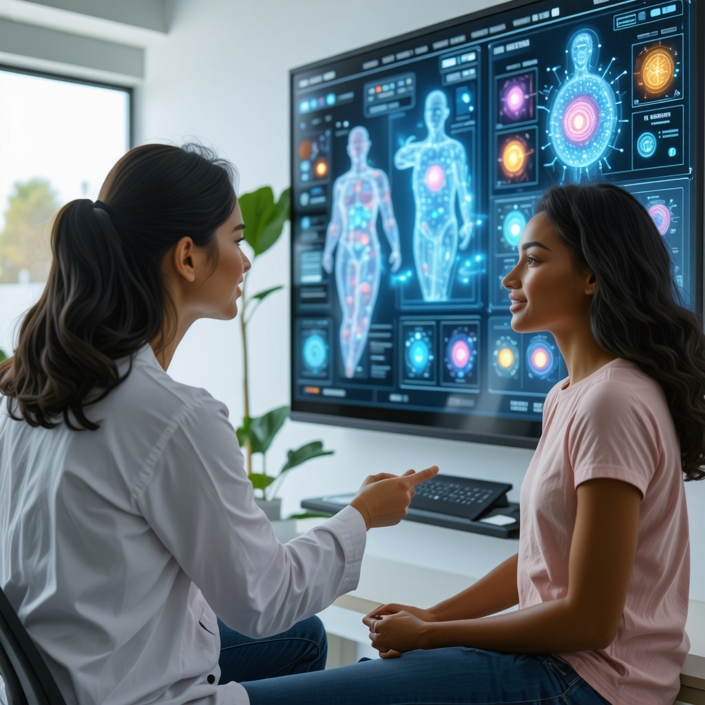 Clinician and patient reviewing AI and epigenetic data for personalized hormone pellet therapy in San Diego clinic