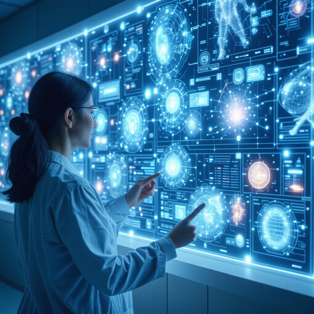 Healthcare professional using AI holographic displays for hormone therapy recovery data analysis in a clinical setting