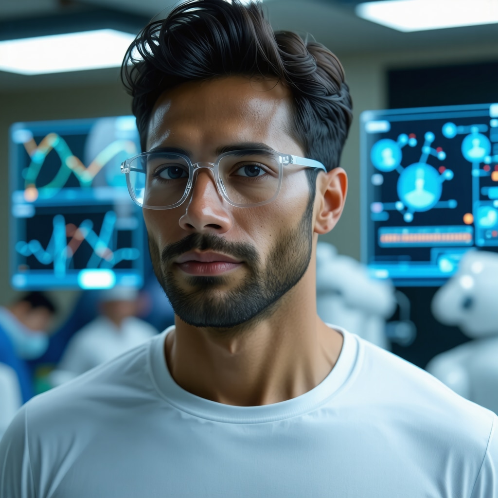 Male patient monitored via wearable biosensor with AI interface displaying personalized hormone data in a futuristic clinic