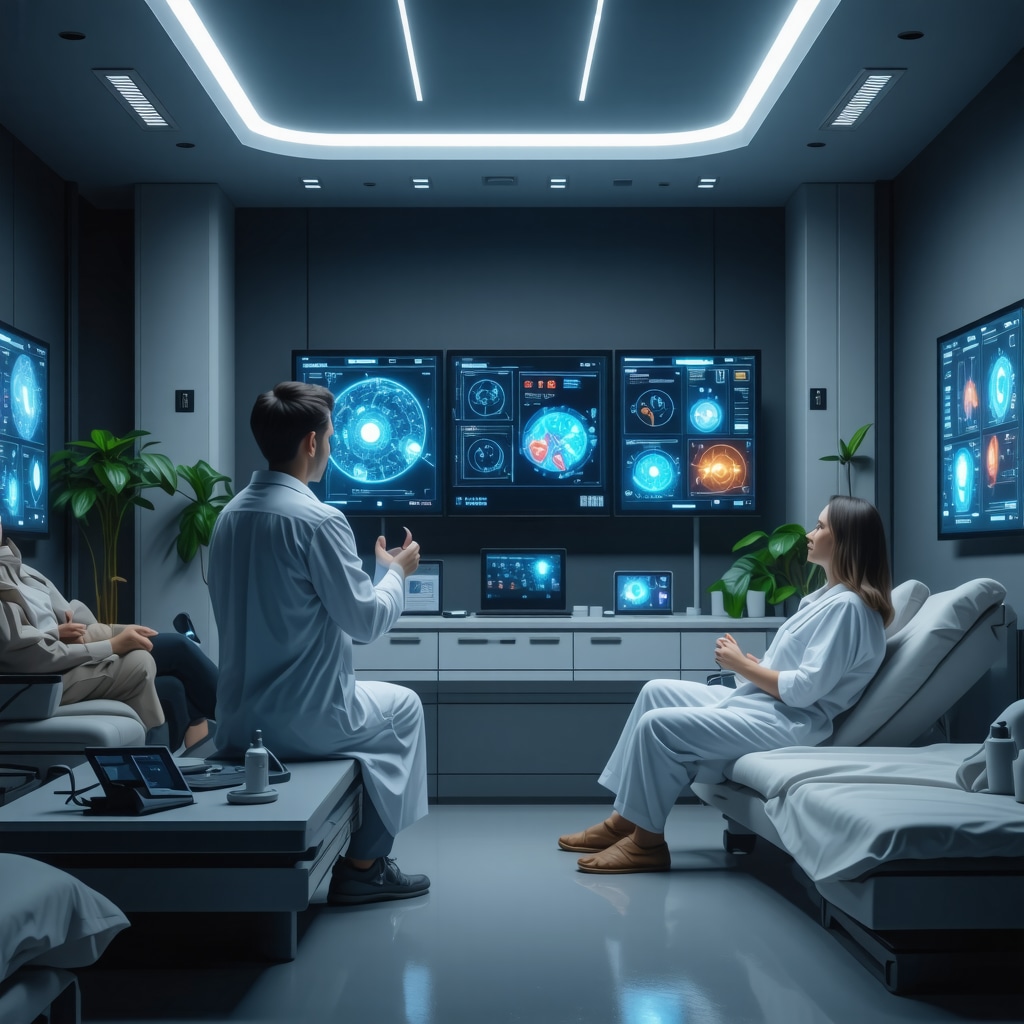 Clinician in a high-tech San Diego clinic monitoring real-time hormone data from wearable biosensors on patients