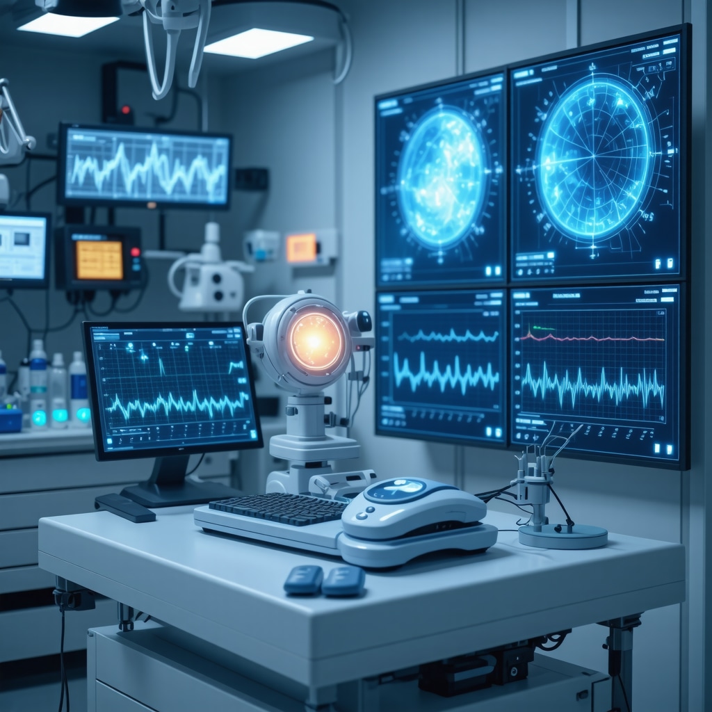 Futuristic clinic with holographic AI data displays and hormone therapy devices illustrating precision endocrine treatment
