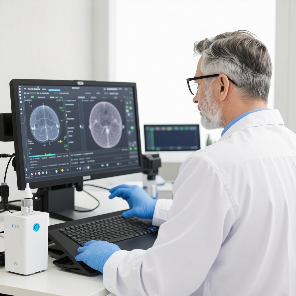 Specialist using AI tools and hormone monitoring devices during testosterone pellet therapy consultation