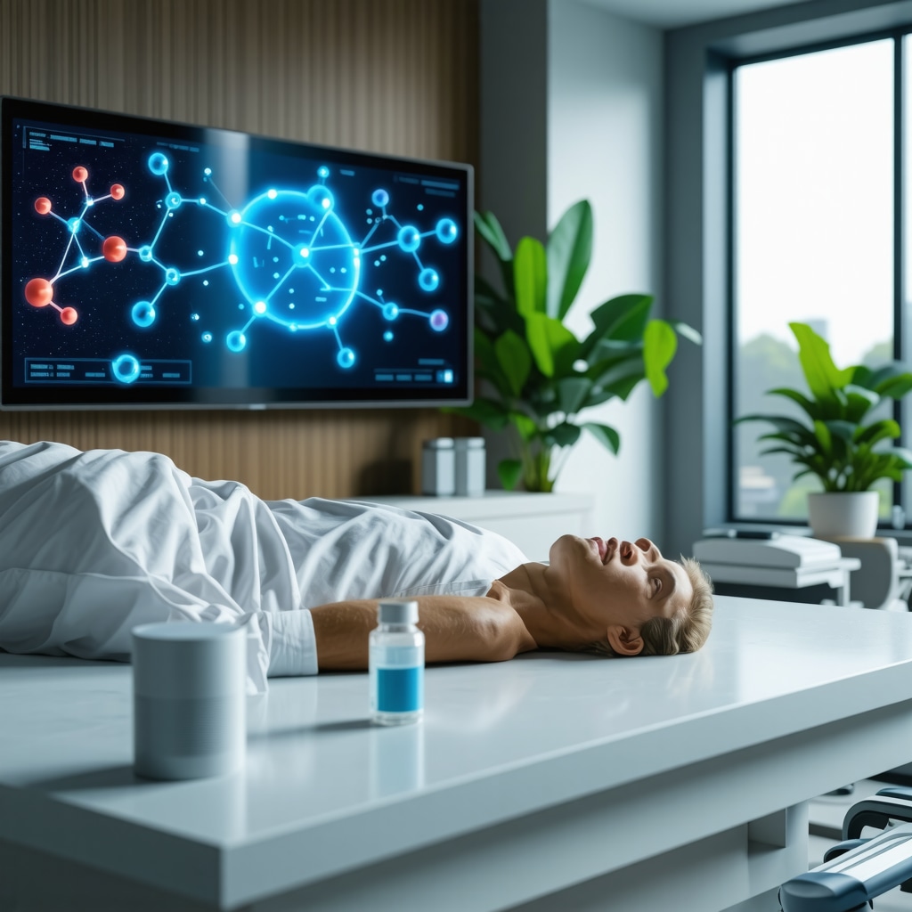 Clinical consultation scene illustrating advanced BHRT with digital health tools and hormone receptor molecular graphics
