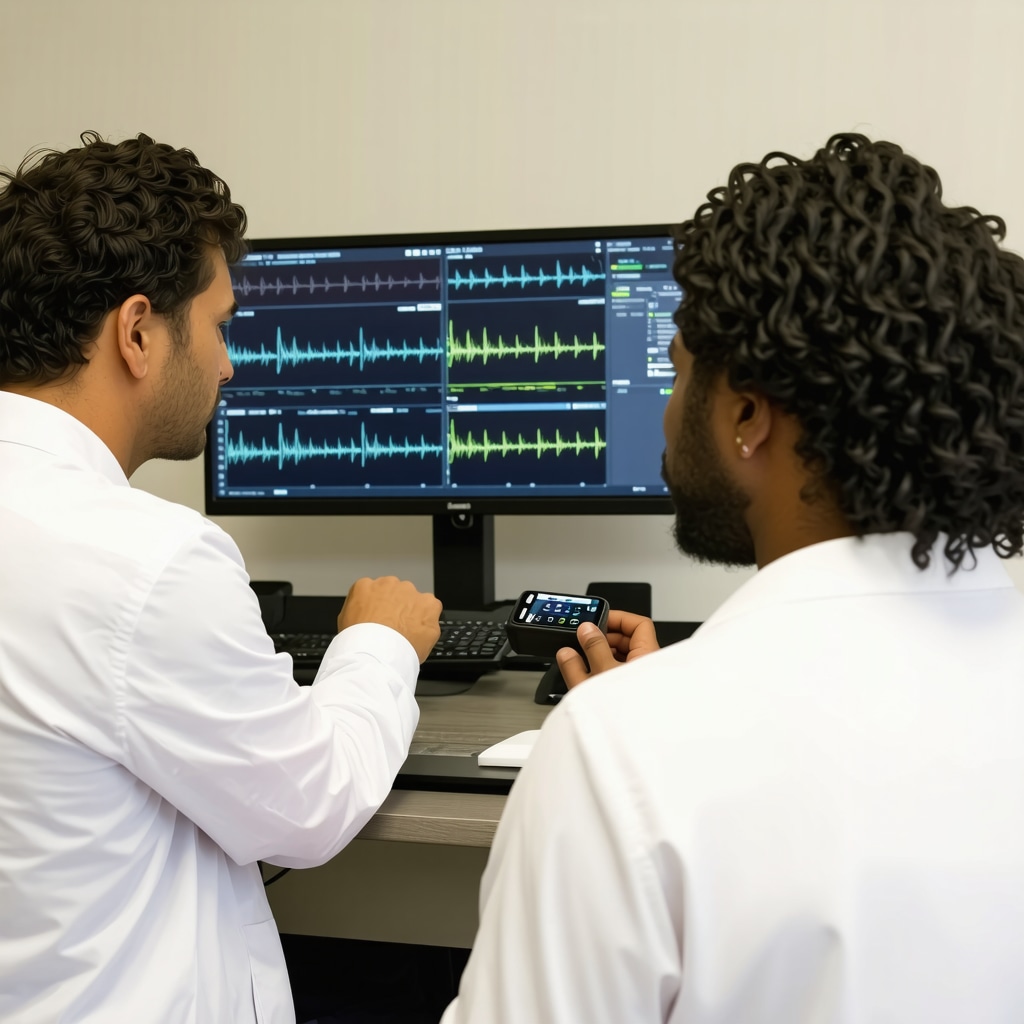 Clinician reviewing multi-omics data on screen with patient wearing circadian rhythm monitoring device in a modern San Diego clinic
