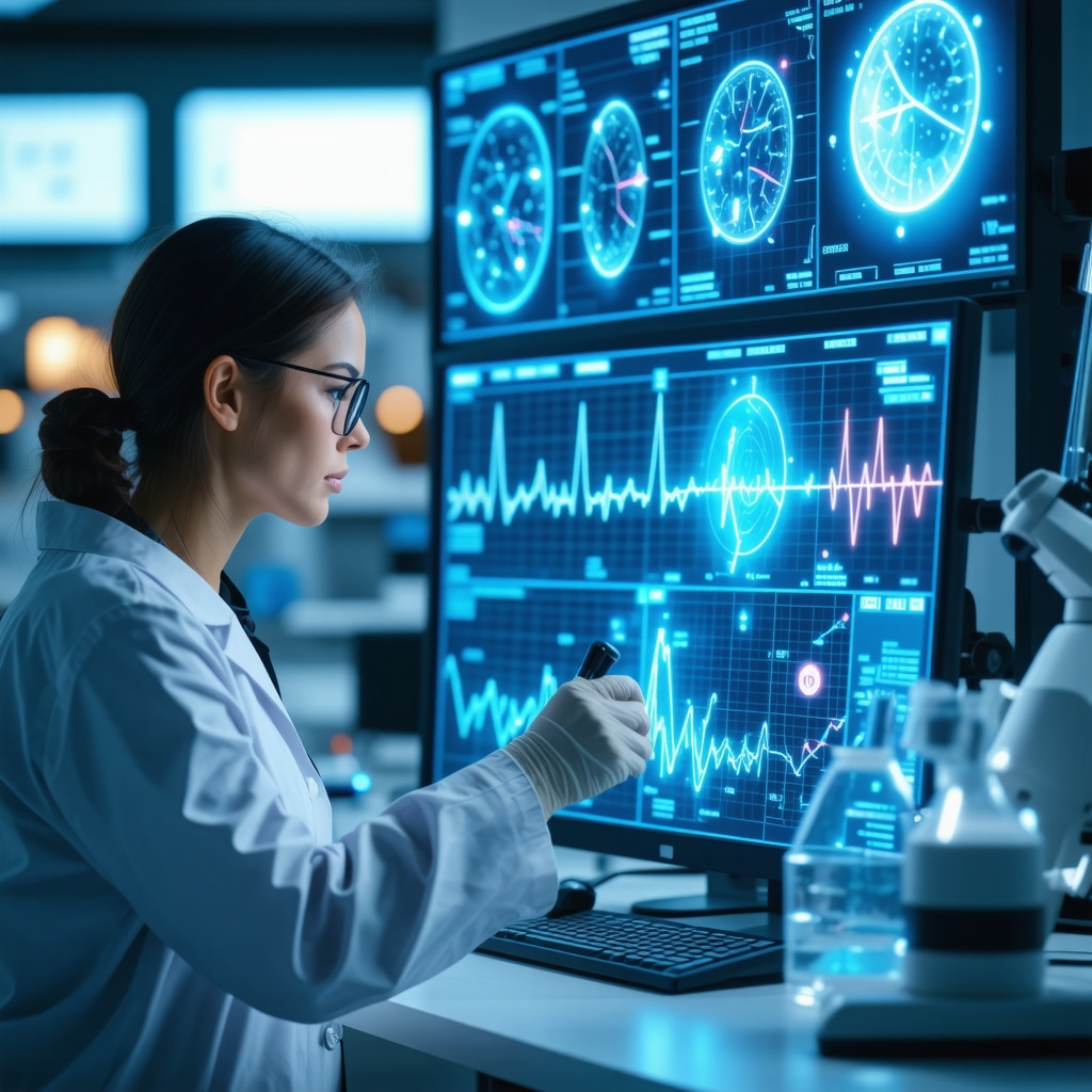 Clinician analyzing hormone levels with digital circadian rhythm charts and hormone molecular structures