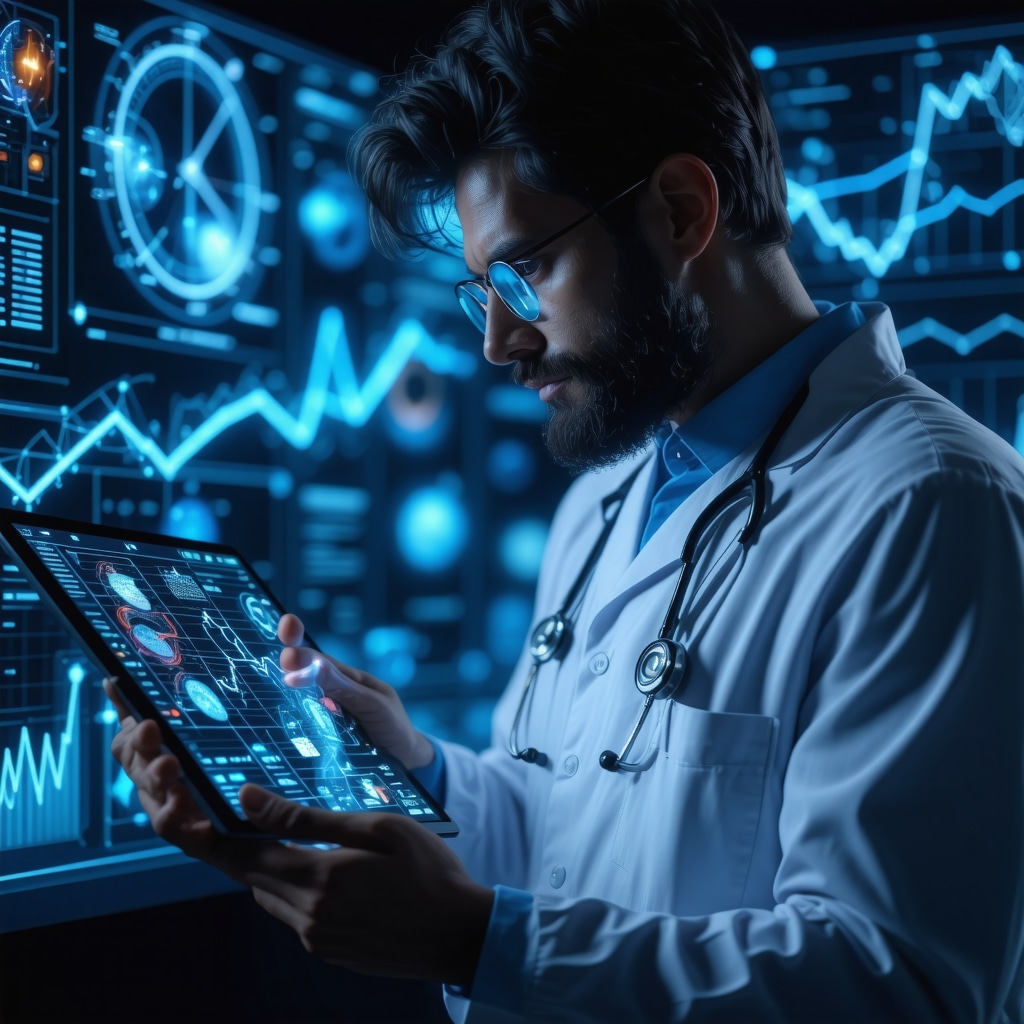 Medical professional reviewing digital hormone therapy data with AI and chronobiology visualization