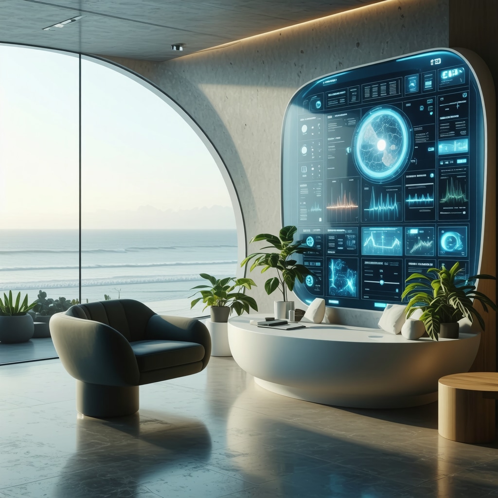 Futuristic hormone therapy clinic with AI and genetic data display in San Diego