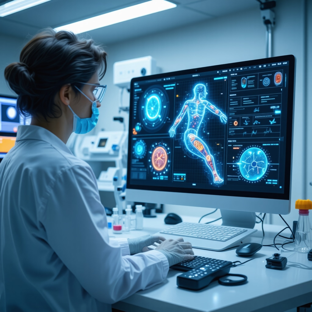 Clinician analyzing genetic biomarkers and wearable device data for personalized hormone pellet therapy recovery in a modern clinic