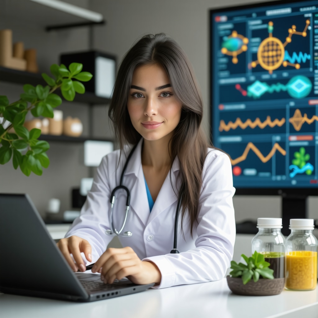 Female hormone specialist utilizing advanced diagnostic technologies and integrative therapy elements in a San Diego clinic