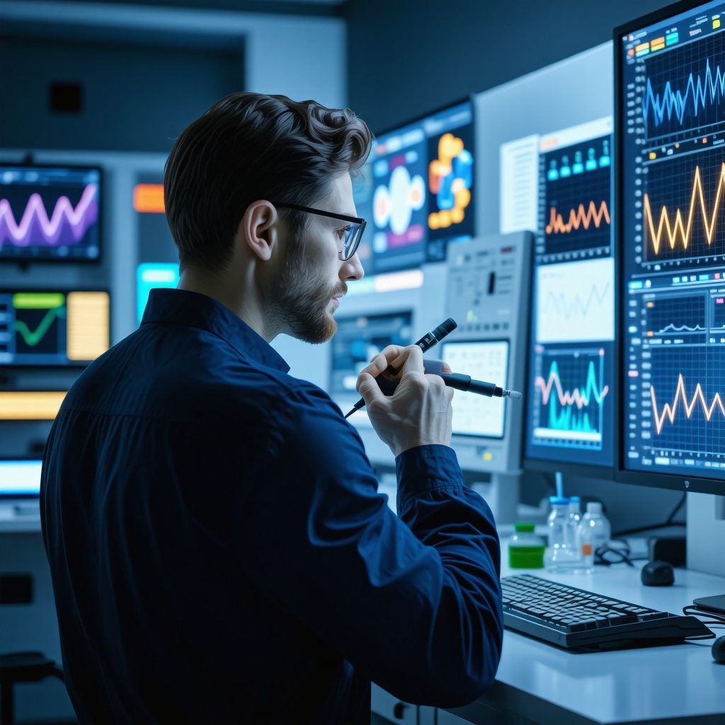 Male patient receiving genomic and metabolic testing in a high-tech clinical lab with hormone biomarker data visualizations