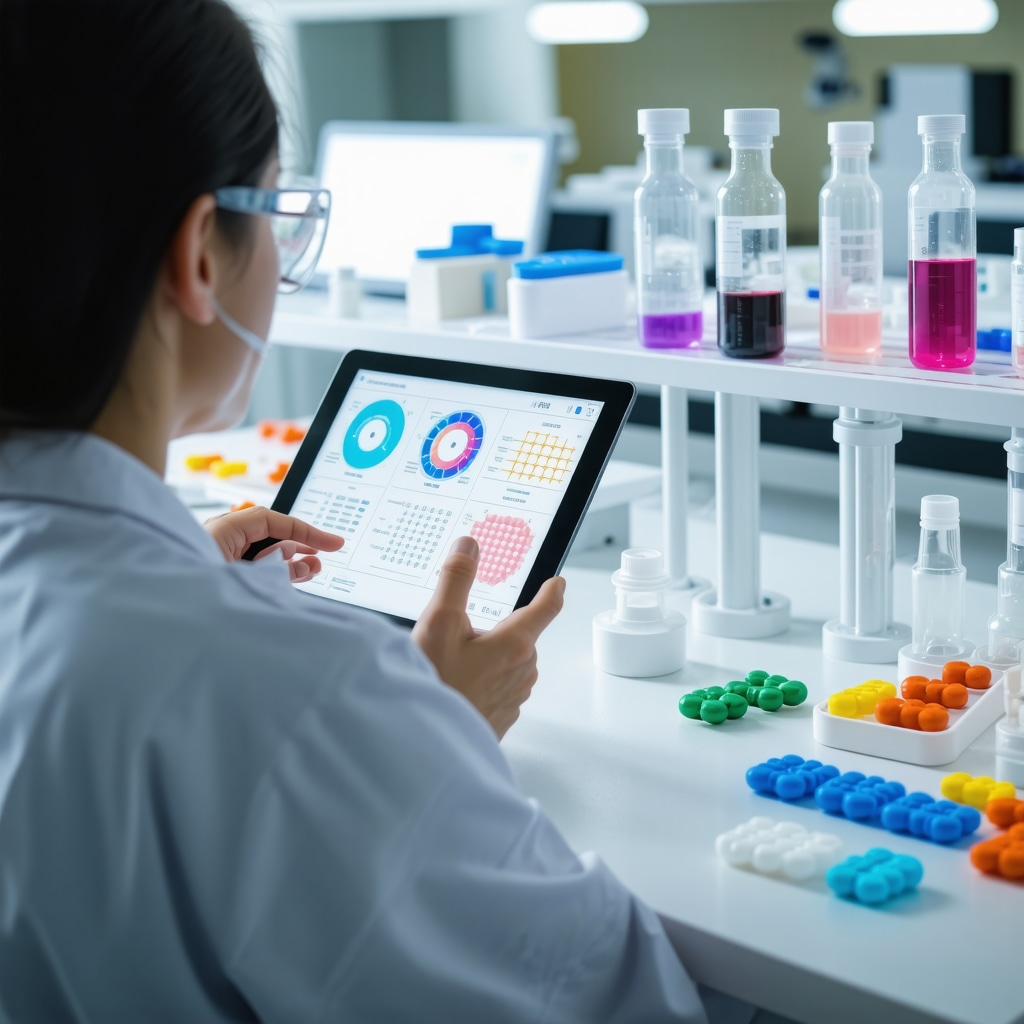 Clinician analyzing genomic data with advanced hormone delivery devices in a medical lab