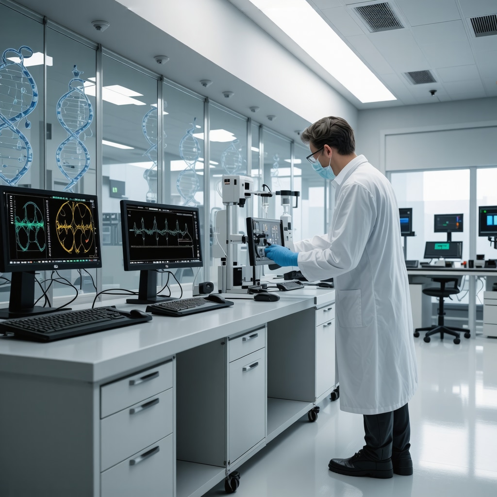 Medical lab with genomic sequencing and neuroendocrine hormone therapy visualization