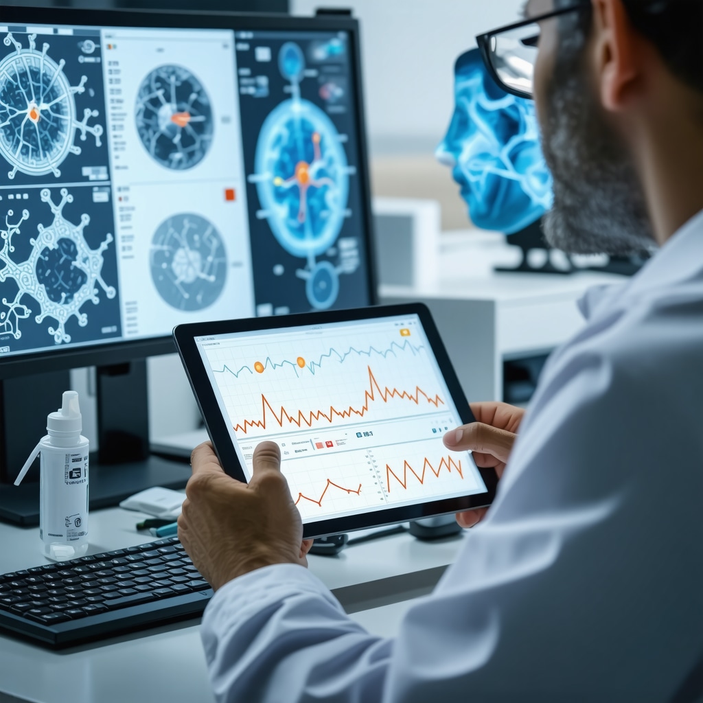 Clinician reviewing hormone biomarker data and circadian rhythm graphs for personalized testosterone replacement therapy