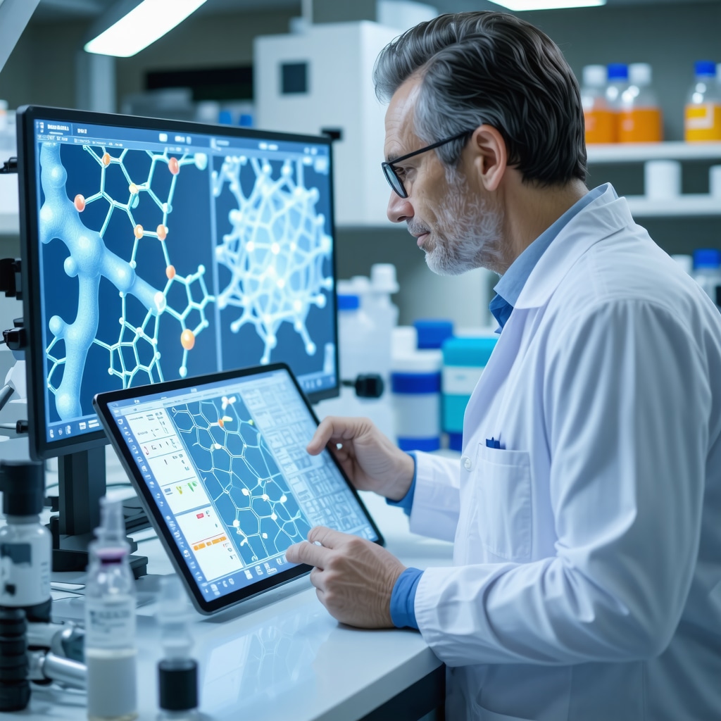 Naturopathic doctor reviewing advanced hormone biomarker panels on tablet with molecular structures in background