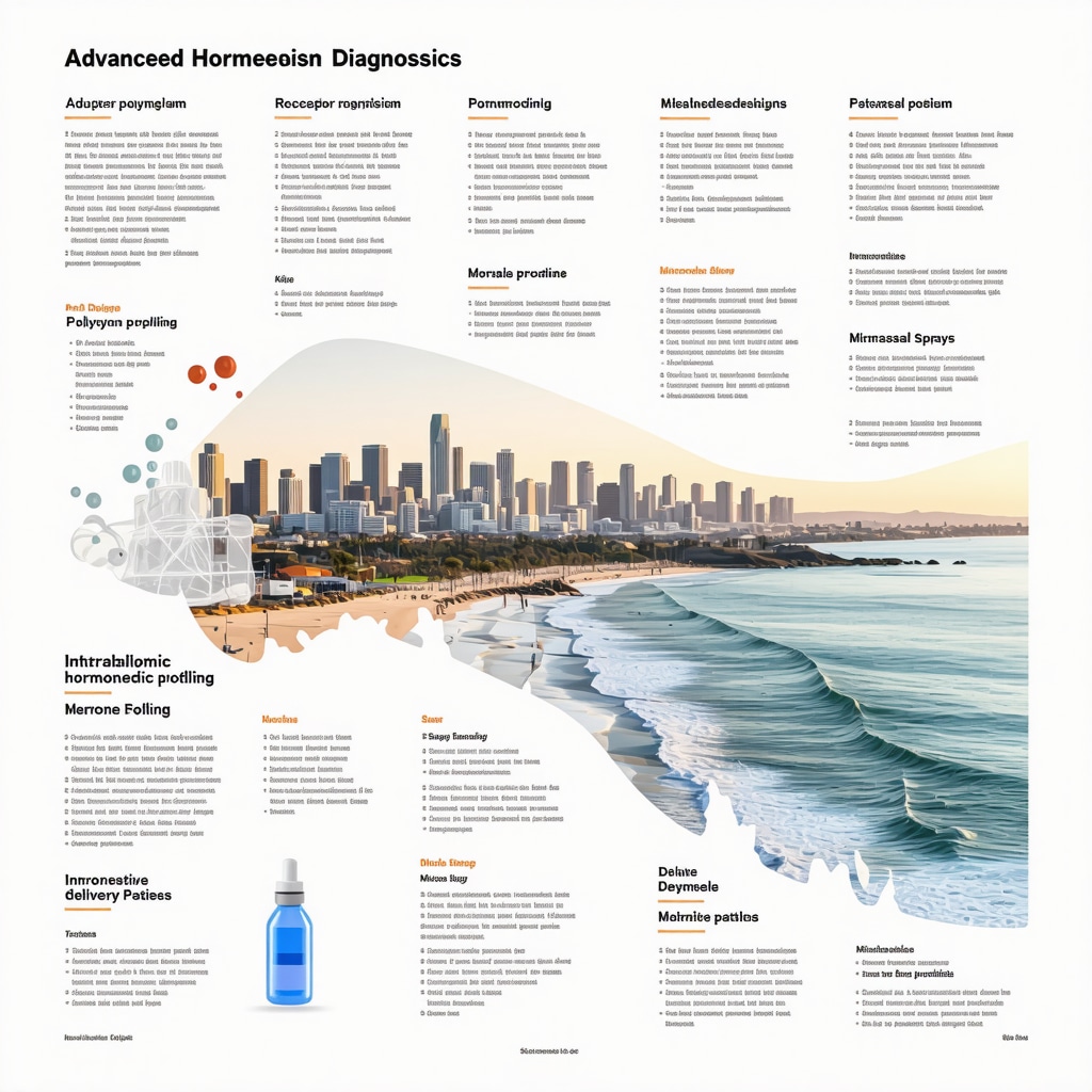 Infographic showing advanced hormone diagnostics and new delivery methods with San Diego coastal backdrop