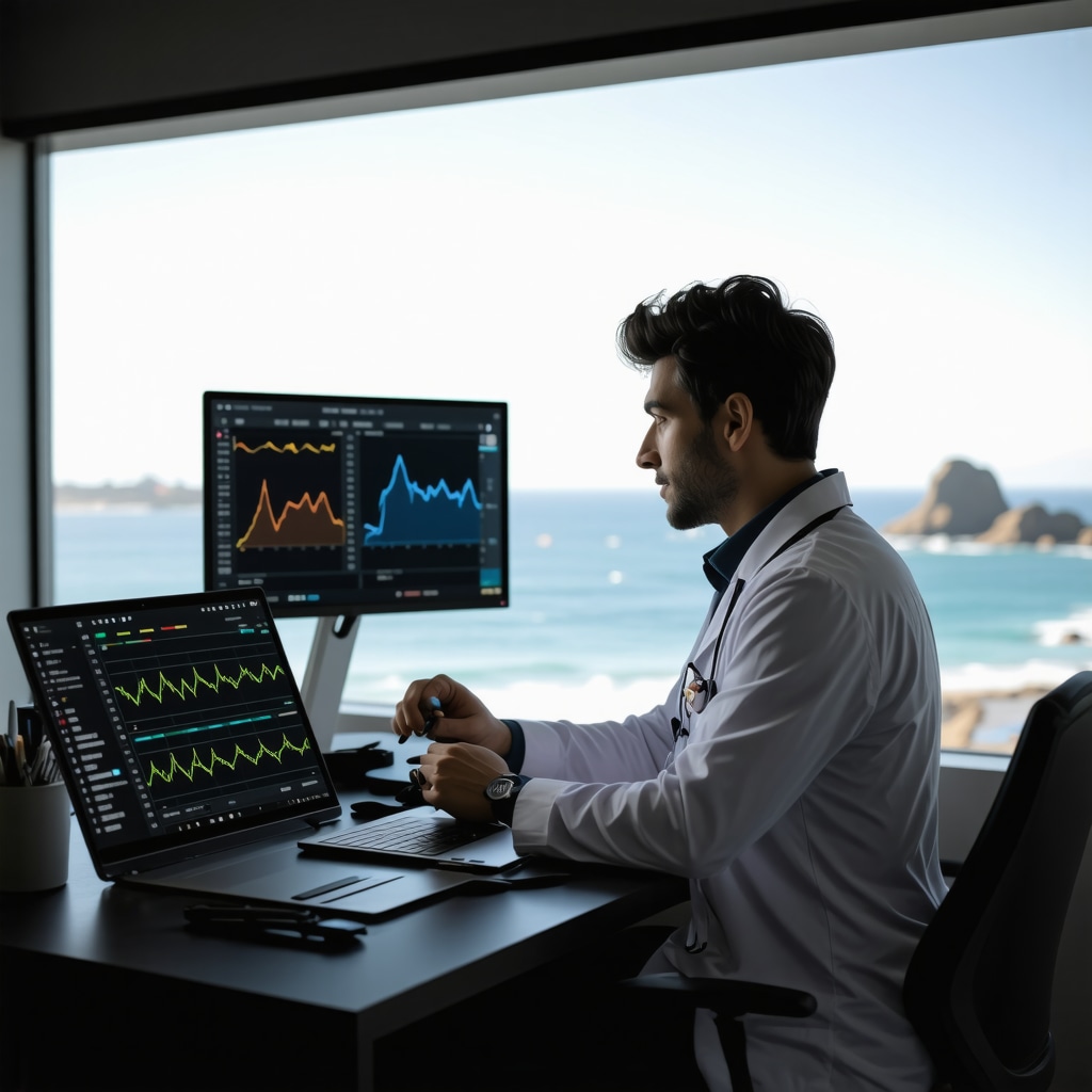 Clinician using wearable biosensors and digital platforms for hormone monitoring with coastal view