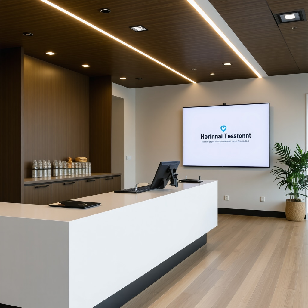 Interior of a modern hormone optimization clinic with advanced hormone testing equipment and consultation area