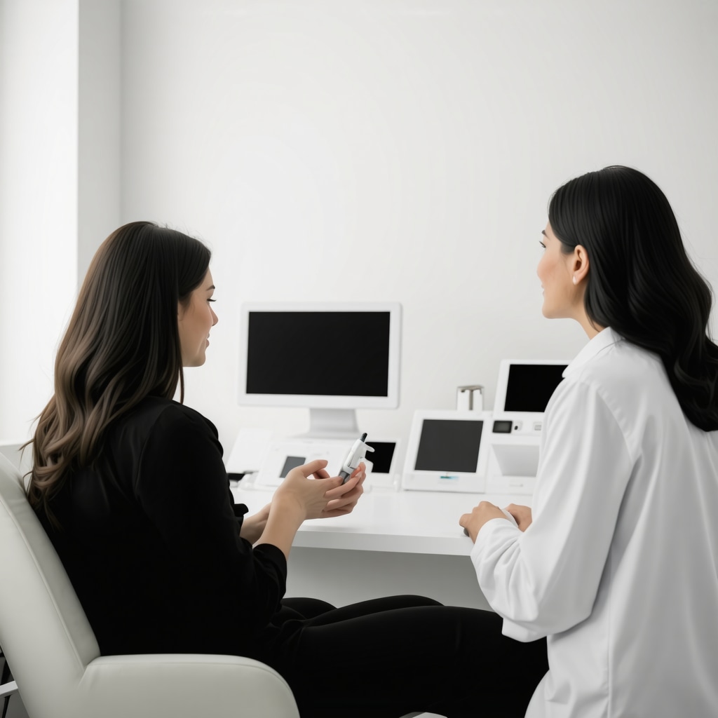 Female patient consulting hormone specialist with digital health tools in modern clinic