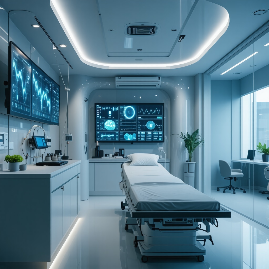 Futuristic medical clinic with digital health monitors displaying hormone and genetic data in San Diego