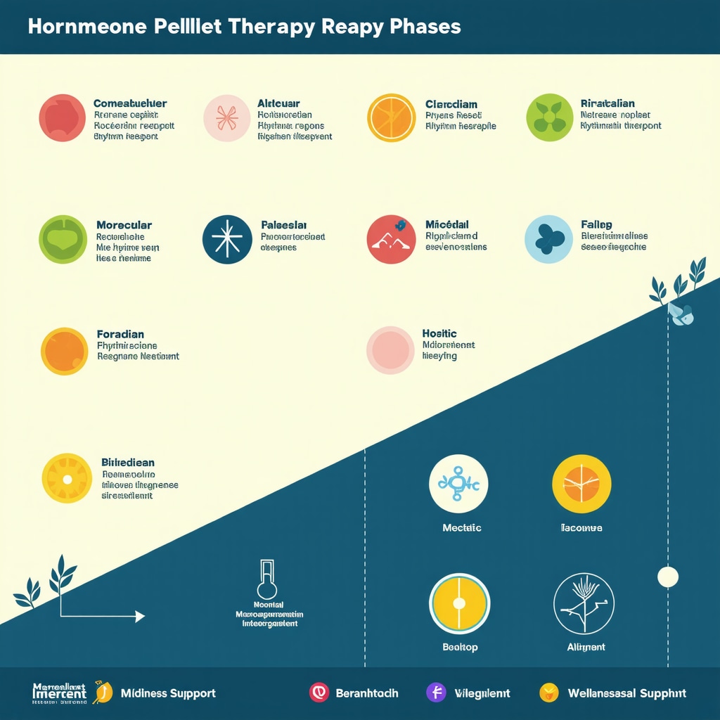 Infographic showing molecular hormone receptor dynamics, circadian rhythm, nutrition, and mental health support in hormone pellet therapy recovery