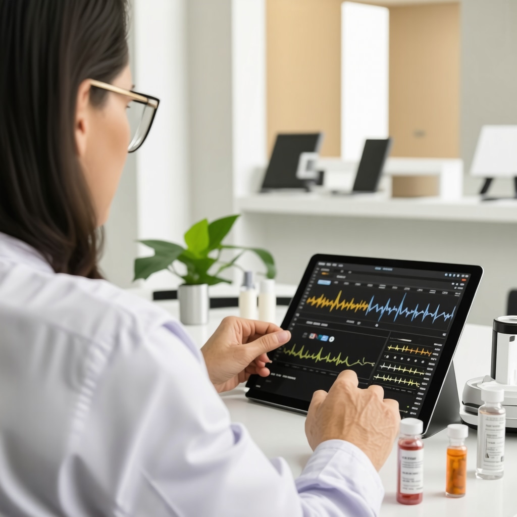 Doctor reviewing genetic data and digital health devices alongside hormone pellets and peptide therapies in a clinical setting
