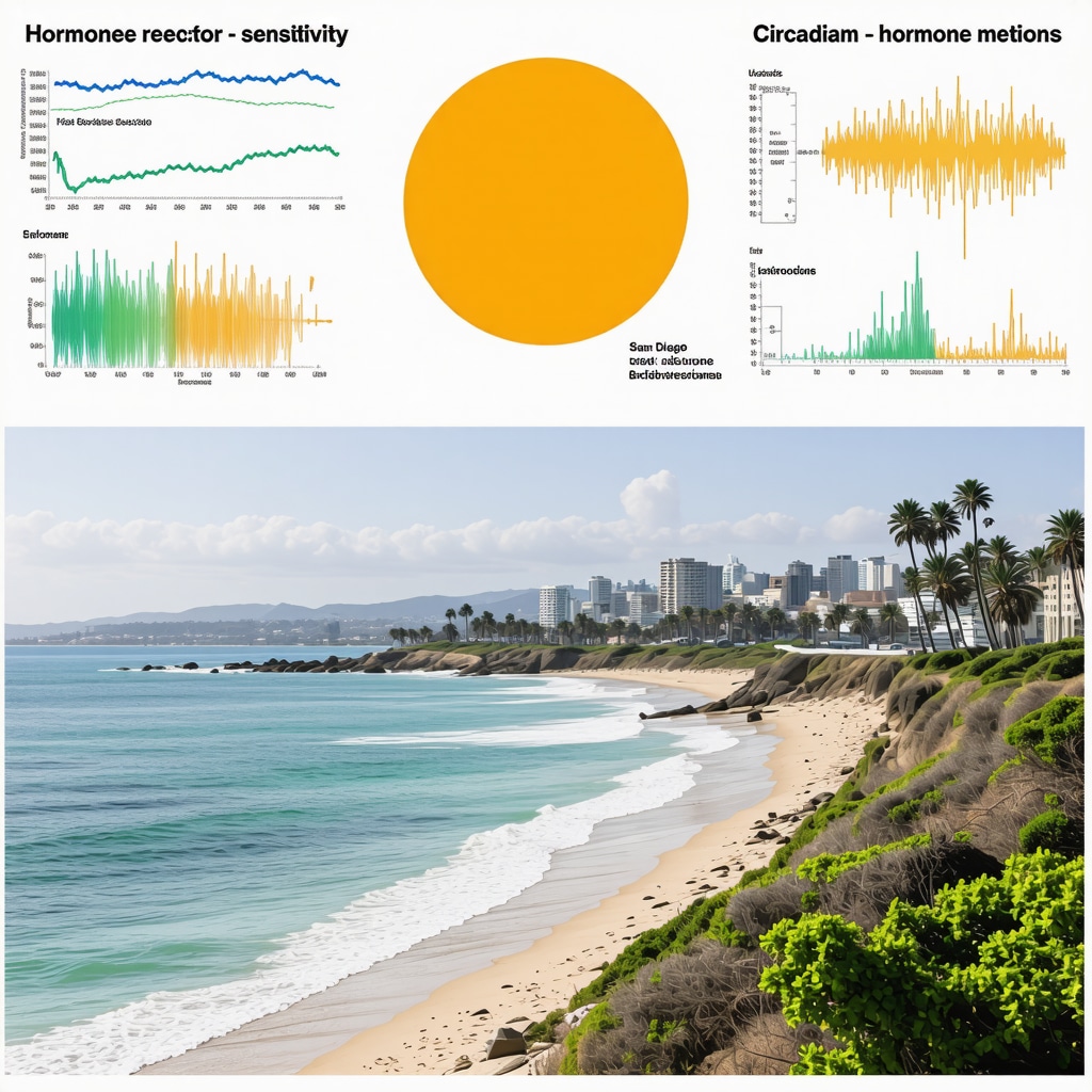 Infographic showing hormone receptor sensitivity, circadian hormone rhythms, and gut microbiome influence on hormone metabolism with San Diego coastal imagery
